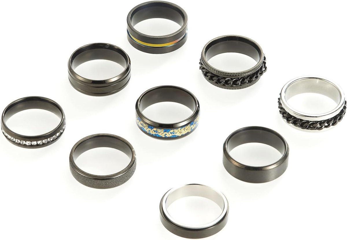 Ringen (waarvan 3 kunnen worden gedraaid om angst en stress te verlichten) coole en modieuze zwarte atmosferische roestvrijstalen ringen, geschikt voor mannen, vrouwen en