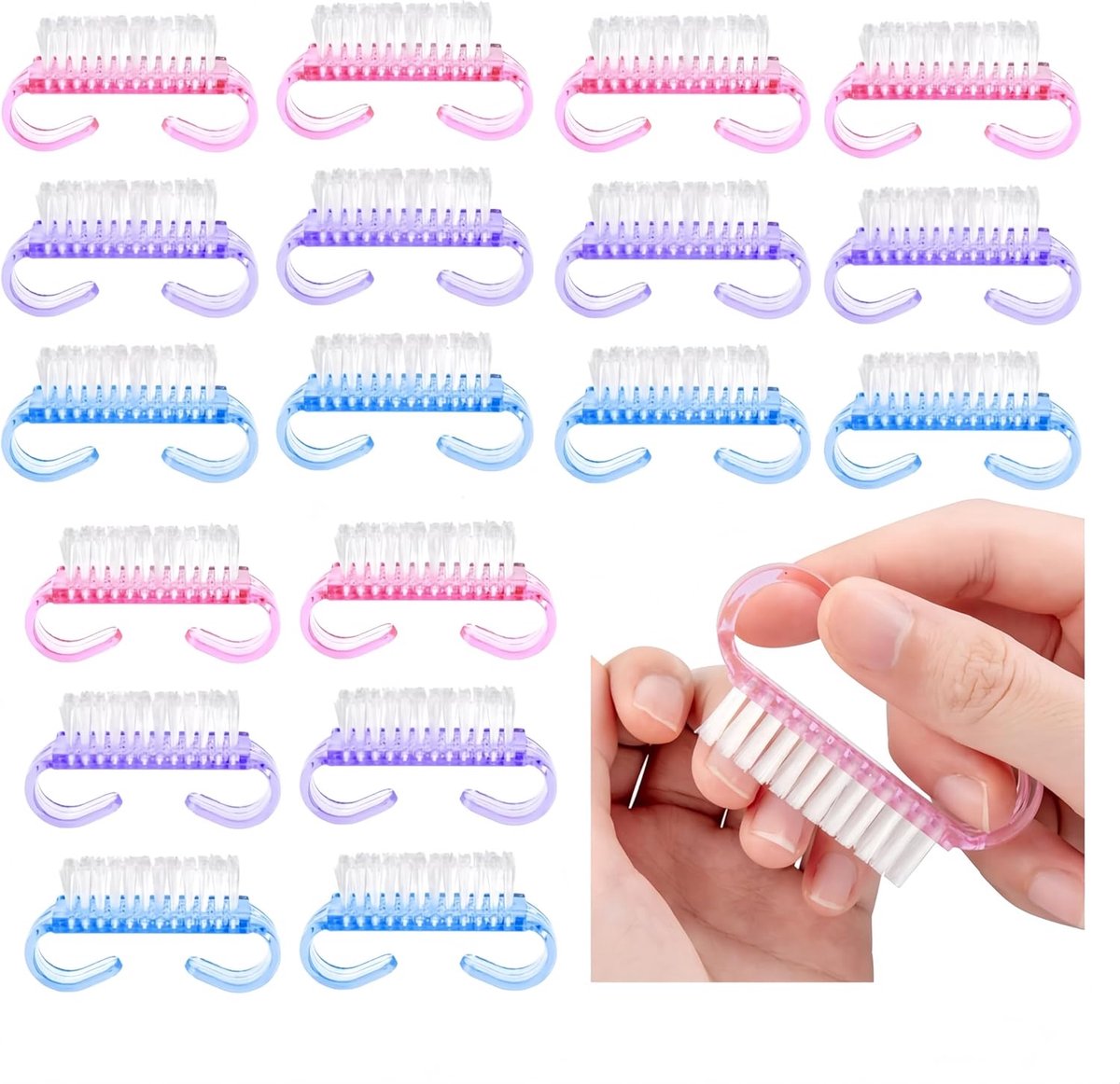 Nagelborstel, 18-delig, voor vinger- en nagelreiniging, manicure, voor het reinigen van nagels met handgrepen, borstels voor mannen en vrouwen, huisdiertanden (3 kleuren)