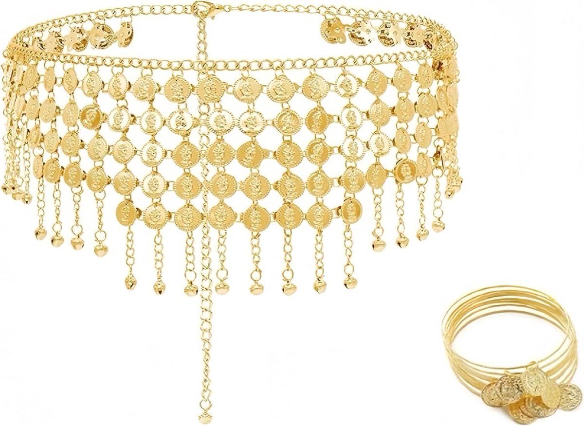 Buikdansriem voor dames, metalen kettingriem, franjes, buikdans, klankende munten, buikdansrok, met 10 stuks buikdansarmband, accessoires, voor muziekfestival, party, optredens, goudkleur