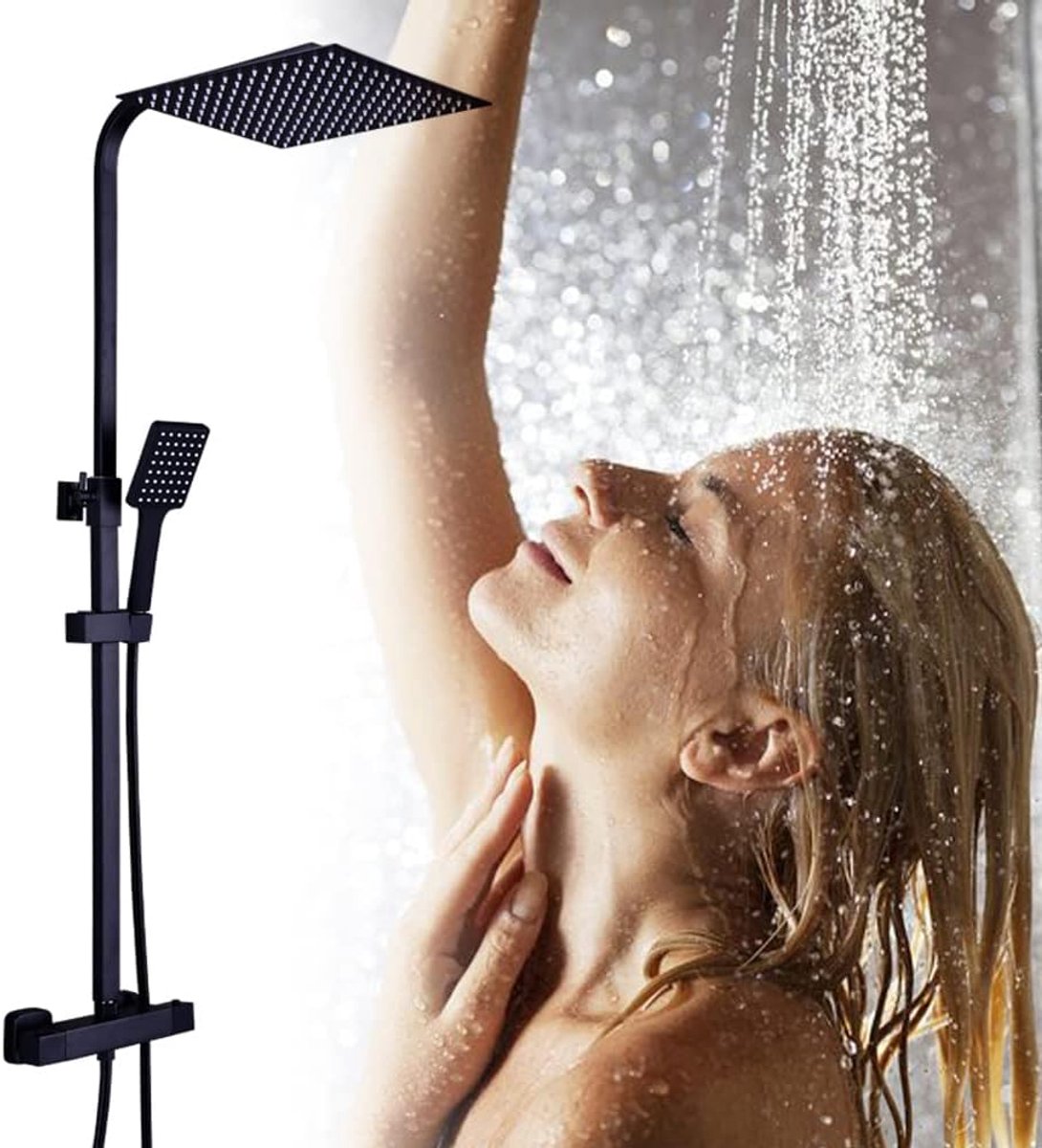 Zwart met thermostaat, douchearmatuur, complete set, verstelbaar en intrekbaar, 80-120 cm, douchestangen, 3 straalsoorten, douchekop