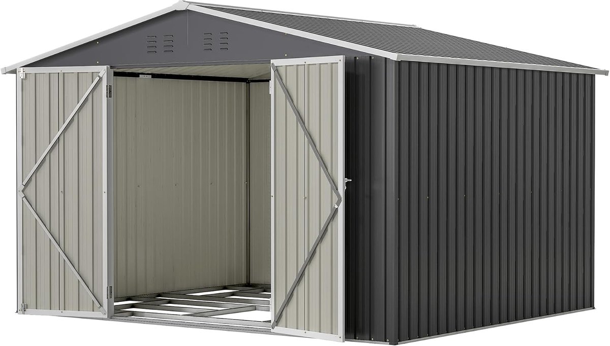 Gereedschapsschuur van metaal, 300 x 252 x 191 cm, XXXL tuinhuis met zadeldak, weerbestendig tuinhuis voor gereedschap, fietsen en tuinmeubelen, zwart (zwart, 300 x 252 x 191 cm)