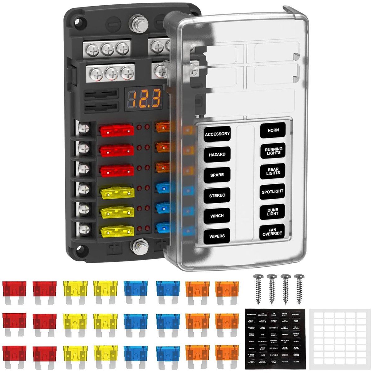 12-voudige autozekeringhouder 12v zekeringkast platte zekering ATC/ATO 24 zekeringen zekeringhouder met LED-indicator voor auto, boot, camper, caravan