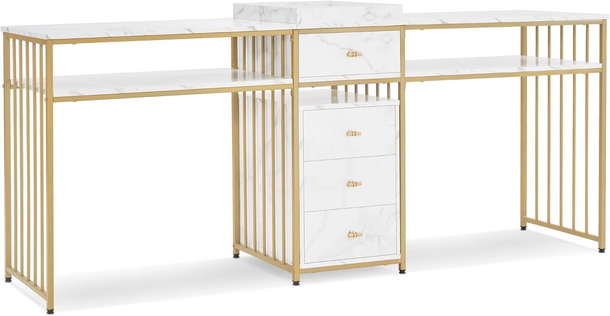 MCombo dubbele nageltafel met laden, bureau met plank, manicure tafel, kaptafel zonder spiegel woonkamer modern, marmer-witgoud, 50 x 200 x 86cm, 2413
