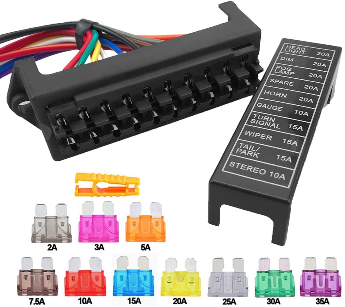 Zekeringkast voor de auto, 10-voudige zekeringkast, 2 ingangen, 10 uitgangen, platte zekeringsblok, autozekeringhouder met voorbekabeld en 10 stuks standaard platte zekeringen (12 V/24 V/32 V