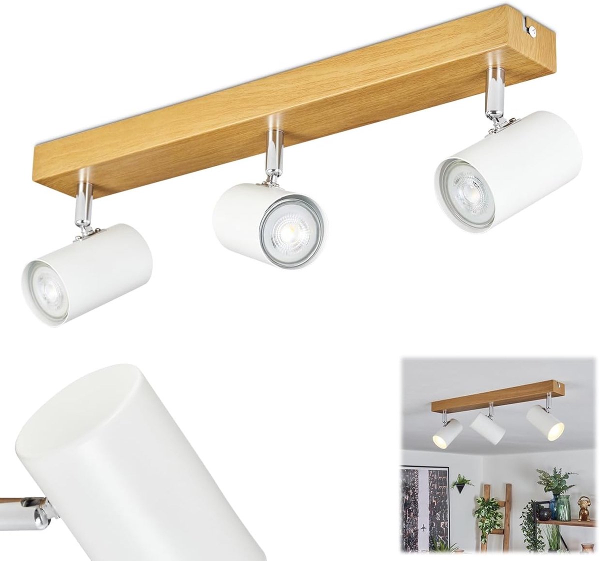 plafondlamp Gesteira, 3-lichts metalen plafondlamp in houtlook/wit/chroom, modern design armatuur met verstelbare kappen, GU10, eetkamer, woonkamer, keuken, slaapkamer, hal
