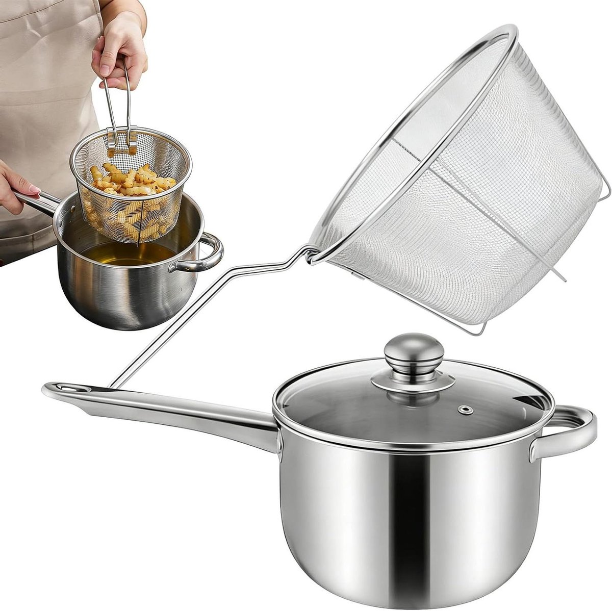 Frituurpan Roestvrij Staal - Koekenpan Antiaanbaklaag - Thuis Frituren - Met Mand en Stoominzet - 38x13x19.5cm - Zilver