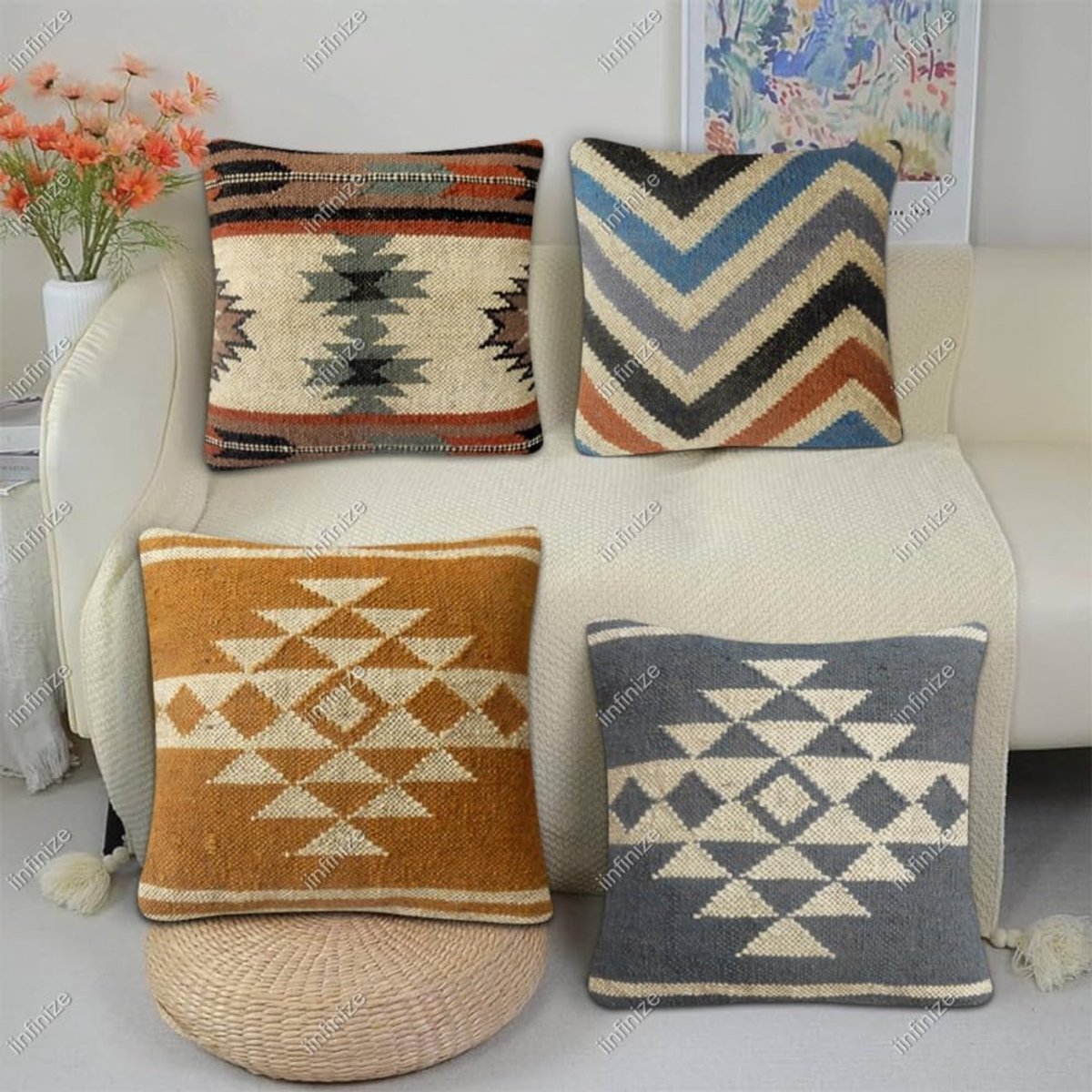 Kussenhoezen 45x45 cm - Natuurlijk Wol Jute - Handgeweven Kilim Design - Stijlvolle Woondecoratie - SnelShoppen
