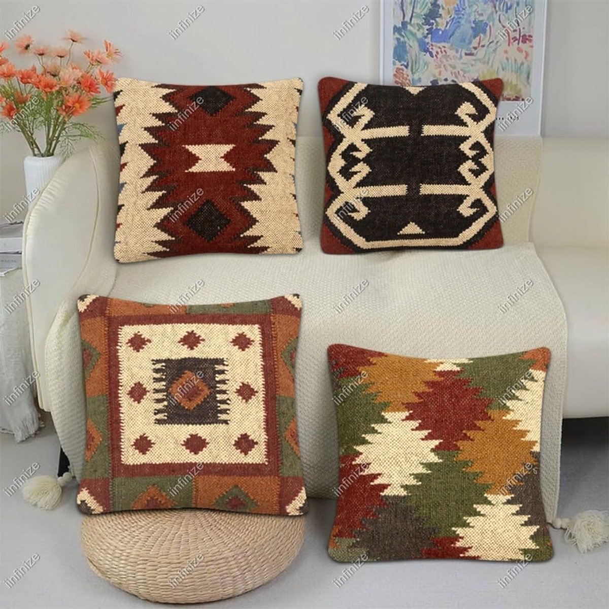 Sierkussens 45x45 cm - Wollen Jute - Handgeweven Kilim Design - Perfect voor interieurdecoratie - SnelShoppen