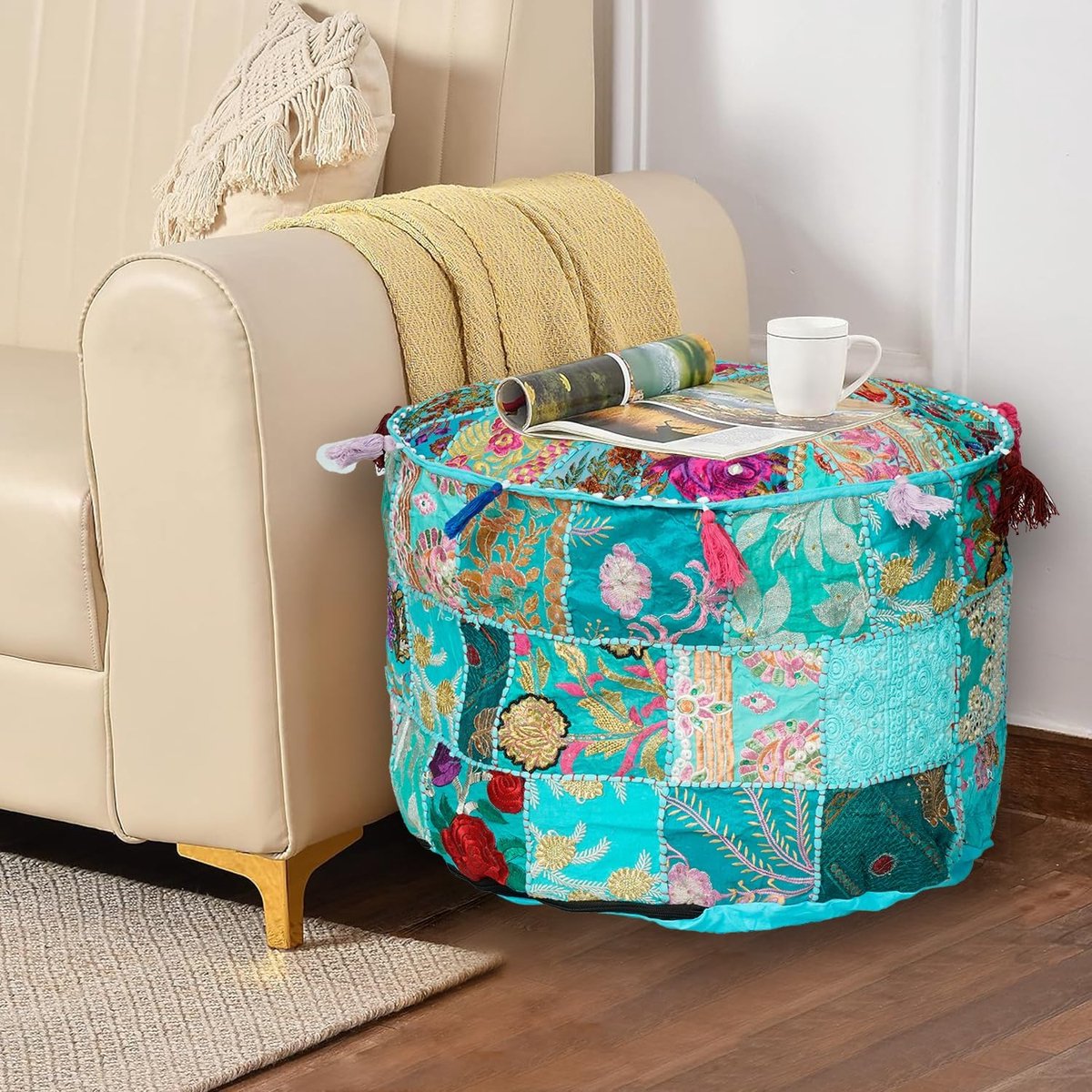 Ottoman Pouf Cover 30x30cm - Patchwork - Turquoise Kleur - Ideaal als voetsteun - SnelShoppen