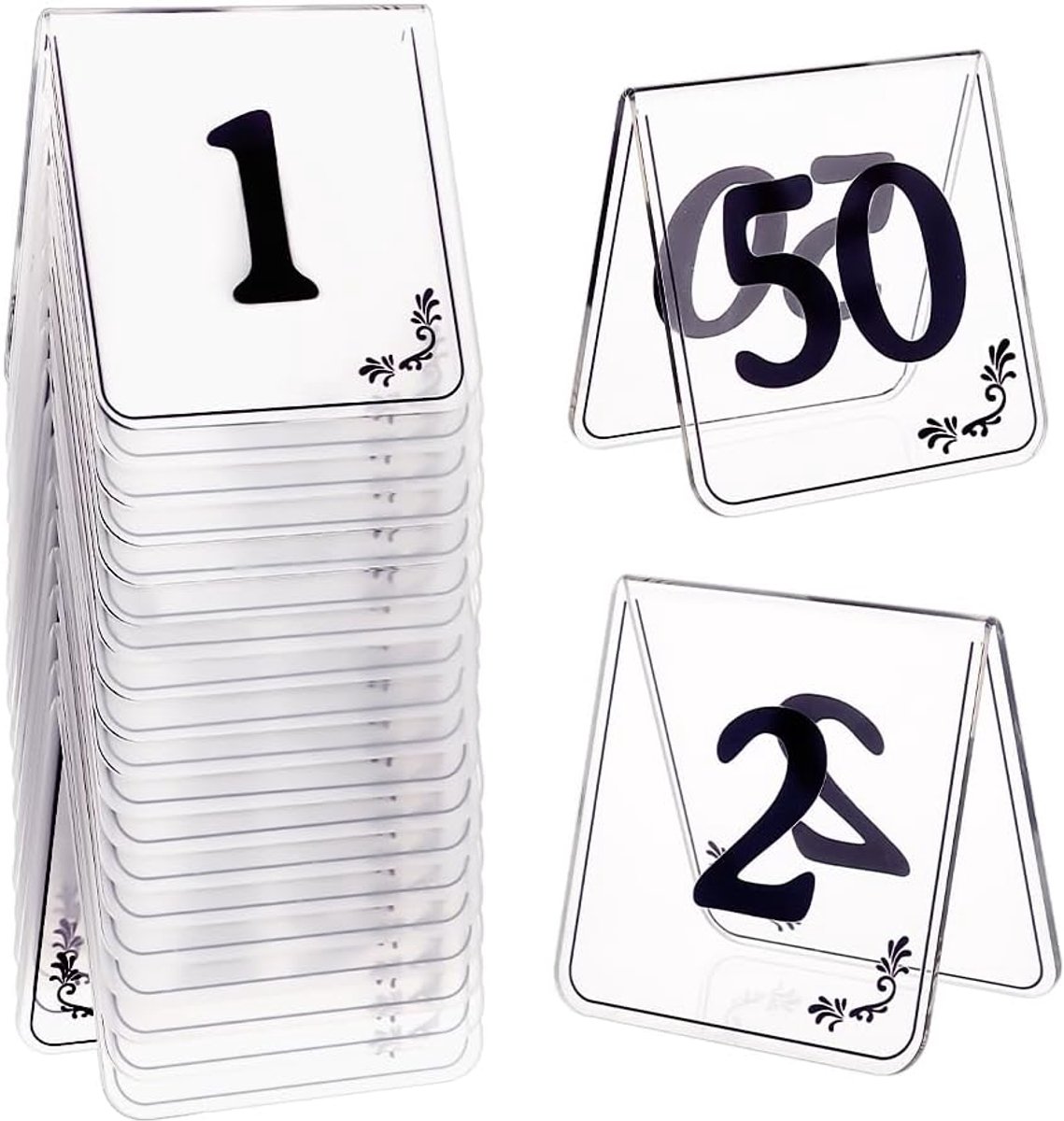 50 stuks acryl tafelnummerborden in tentstijl, 1 ~ 50 dubbelzijdige transparante tafelnummerborden, acryltent, tafelnummerstandaard, borden voor bruiloften, feesten, banketten, recepties