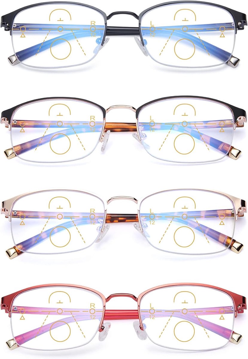 Glijdende bril Progressive Multifocus leesbril heren dames roestvrij staal metalen frame anti-blauw licht leesbril half frame werkbril leeshulp 4 kleuren set, 1.0, Set van 4 kleuren.