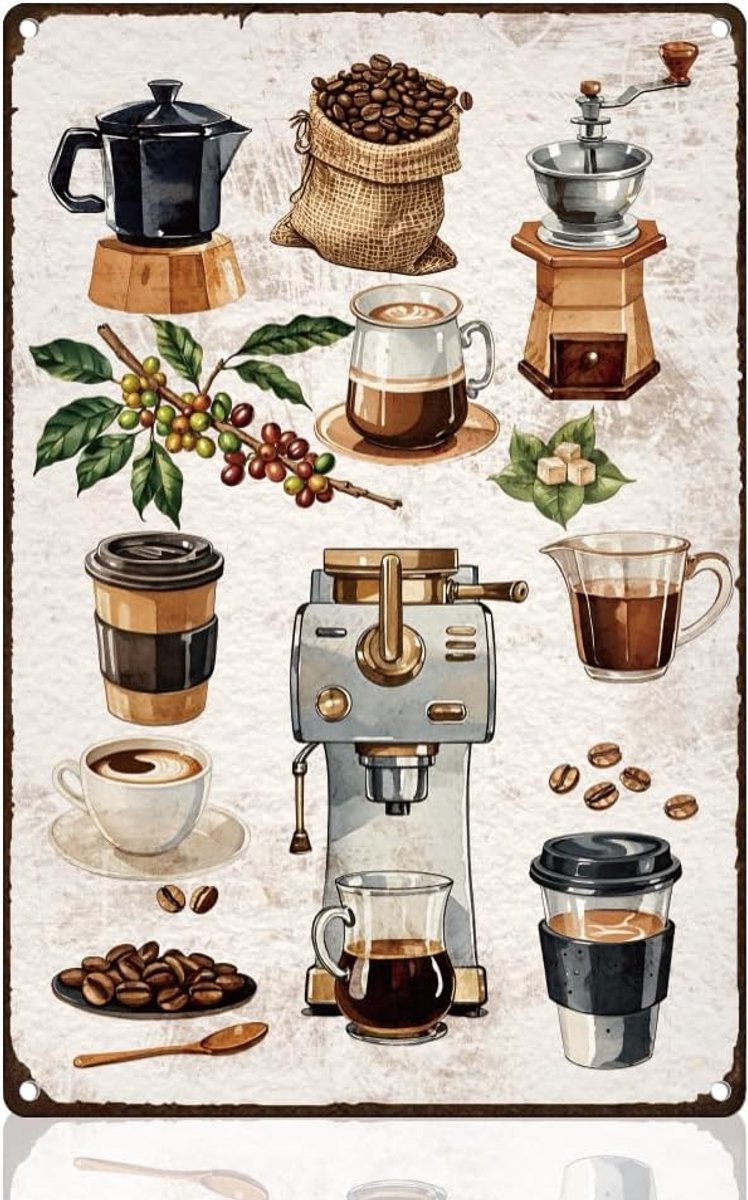 Machine tinnen bord retro metalen wanddecoratie 20 x 30 cm kopje koffie vintage muurkunst poster voor thuis, café, kamer, bar, keuken, man, grot, decoratie cadeau