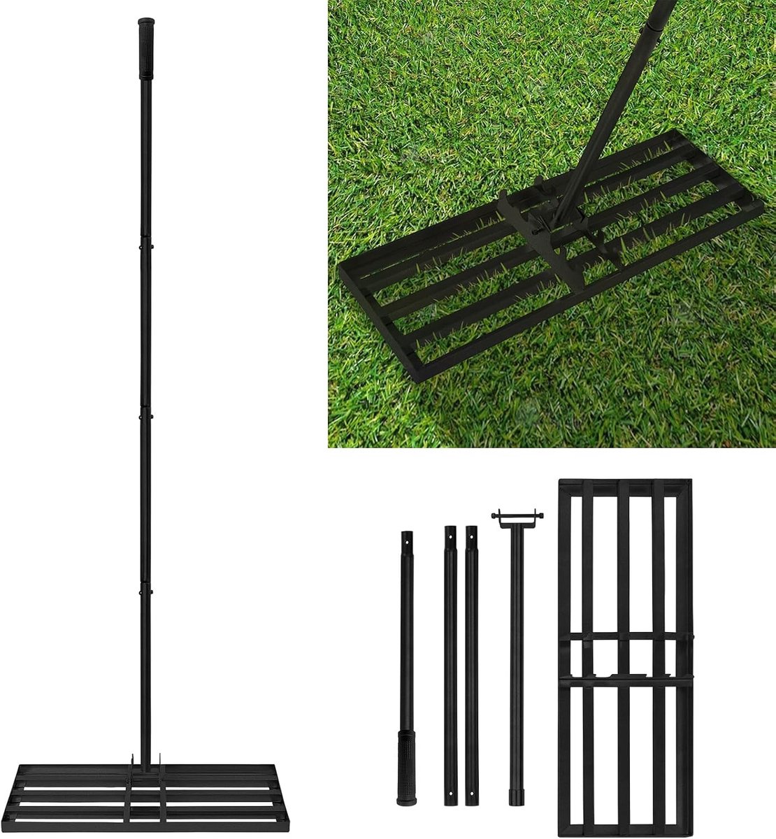 Rakel van roestvrij staal, leveler gazonhark, golf, tuingras, levelingrake met antislip rubberen handgreep, instelbare lengte, levelingrake voor het verwijderen van zand, perfect gazon (25 x 75