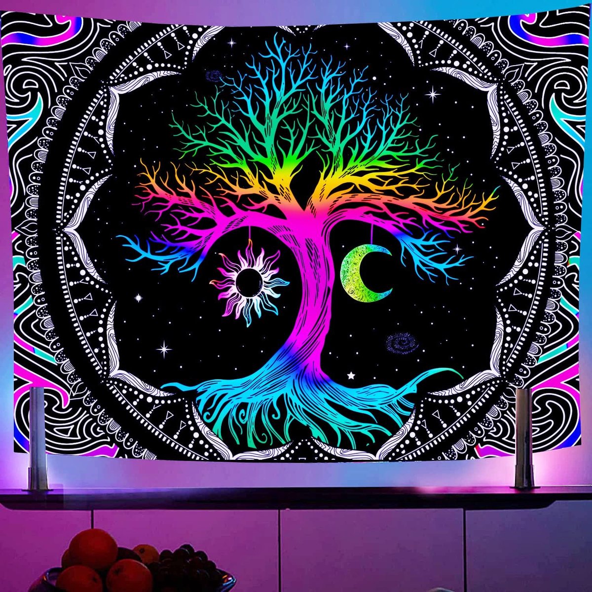 Zwarte levensboom wandtapijt zon en maan wandtapijt voor slaapkamer woonkamer, 130x150cm