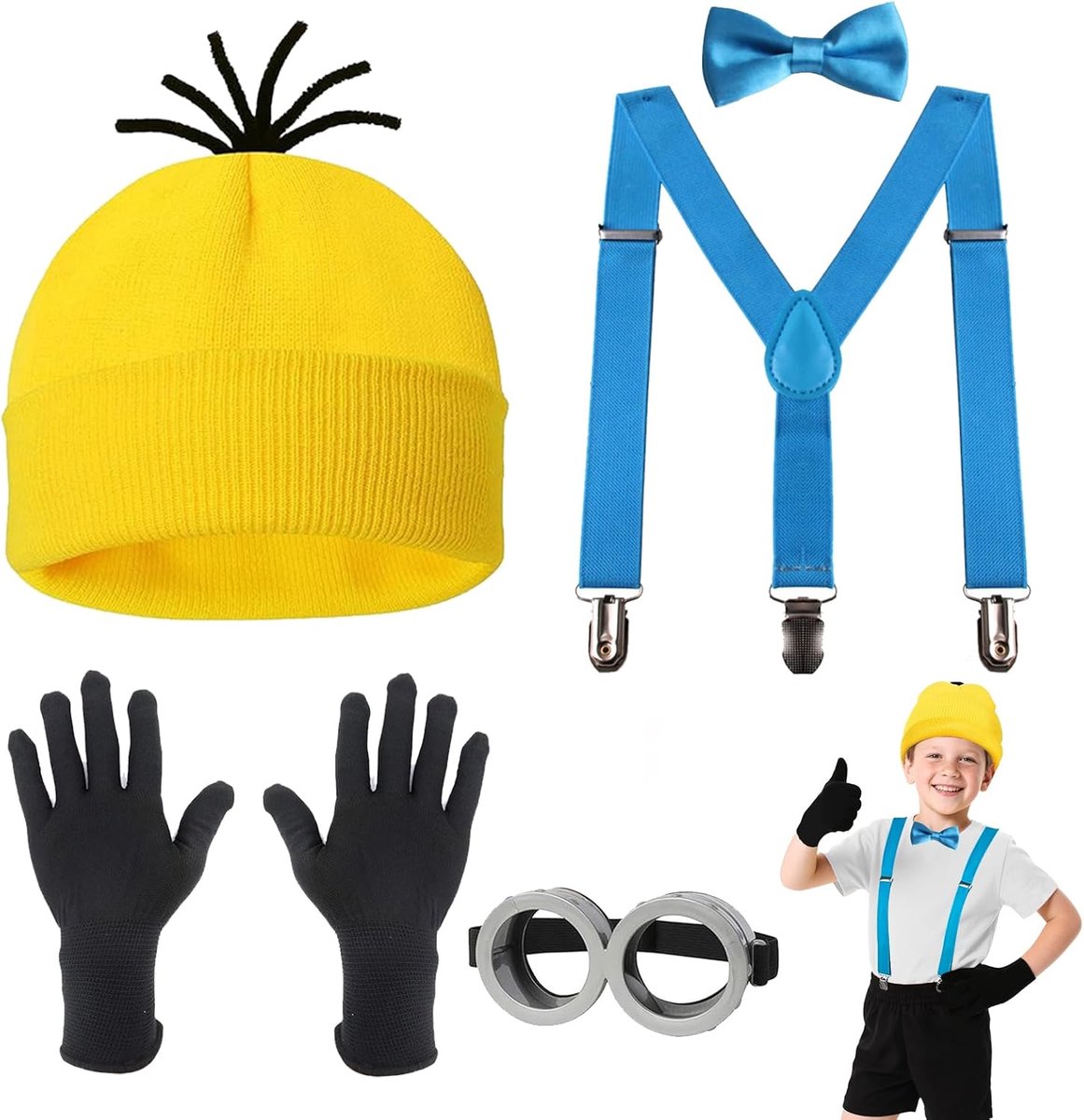 Kostuum voor kinderen, gele minion-bril, gele kostuum, inclusief steampunk bril, muts, gebreide muts, zwarte handschoenen, Halloween-kostuums, cosplay-accessoires