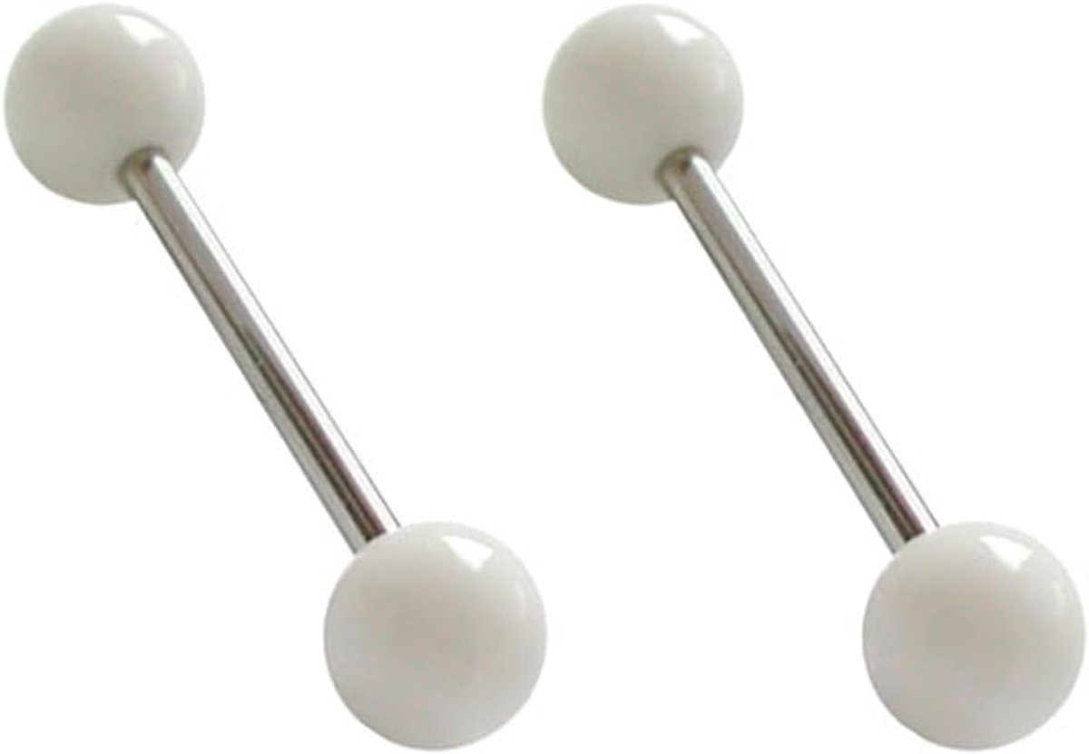 2 tongpiercing met 2 witte balletjes, hypoallergeen materiaal, lengte 16 mm en dikte 1,6 mm., 16mm largo, Zilver, Geen edelsteen