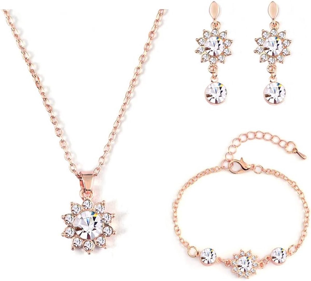 Bloem Sieraden Set Hanger Ketting Stud Oorbellen Armband Mode Eenvoudige Gepersonaliseerde Dames Ingelegd Crystal Sieraden Geschenken voor Vrouwen voor Bruiloft Evenementen Party, Metaal,