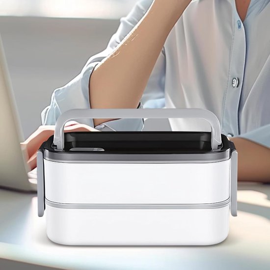 Geïsoleerde Lunchbox - Voedselcontainer Thermo - Maaltijden Meenemen - Dubbele Verdiepingen - 19.7 x 10.4 cm - Grijs — afbeelding 5