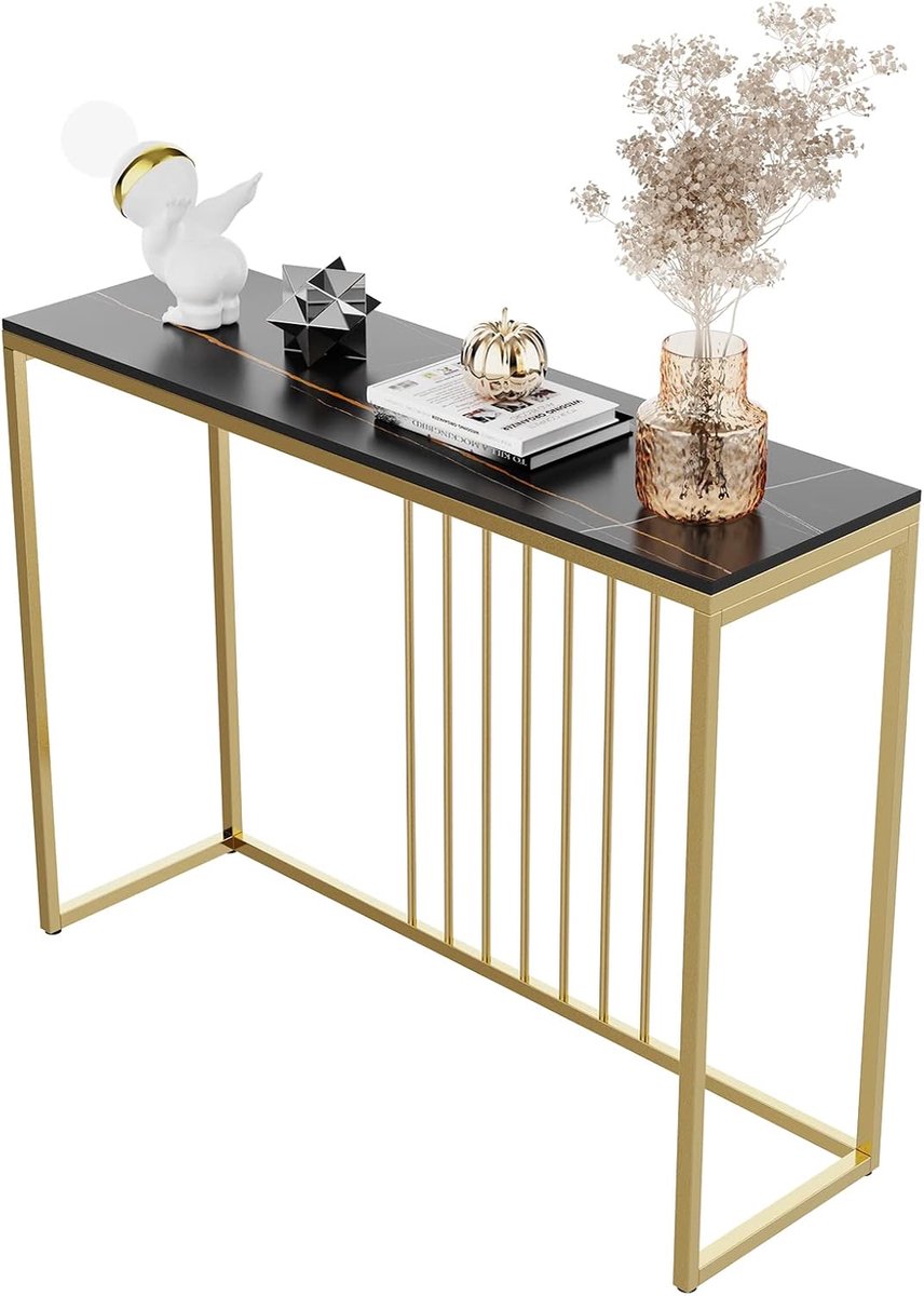 Consoletafel voor entree, marmer, Scandinavische consoletafel, zwart, halmeubel, zetelpunt, goudkleurig, haltafel, voor hal, woonkamer, 100 x 30 x 78,5 cm