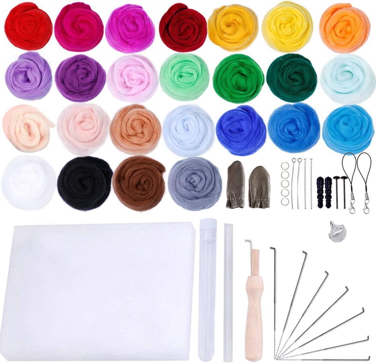 Naaldviltset voor Beginners, 25 Kleuren Wolroving met 11 Viltnaalden, Schuimmat, Opbergfles en Doe-het-zelf Gereedschap, Compleet Startpakket voor Handwerk, Thuiskunst en Sieraden Maken