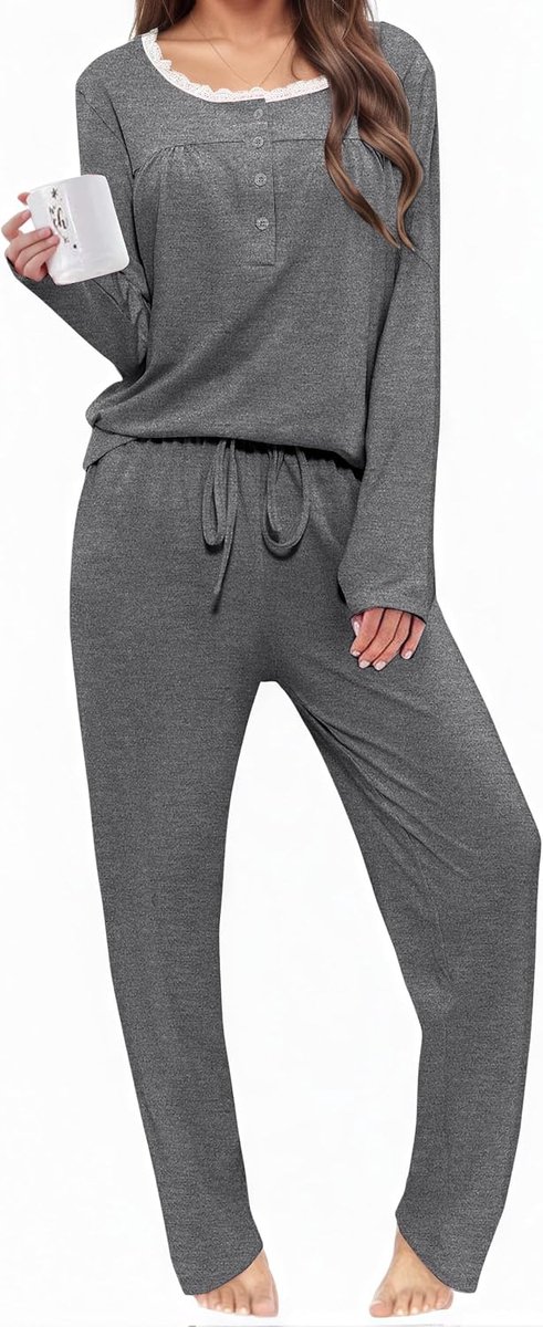 Pyjama dames lange katoenen pyjama set winter lange mouwen pyjama voor dames huispak tweedelige nachtkleding set met kant loungewear S-XXL