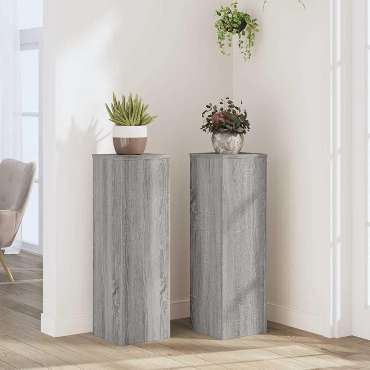 2 stuks, grijs Sonoma, 25 x 25 x 80 cm, houtmateriaal, stabiele bovenplaat voor bloempotten, holle constructie met zandvulling, tijdloos design