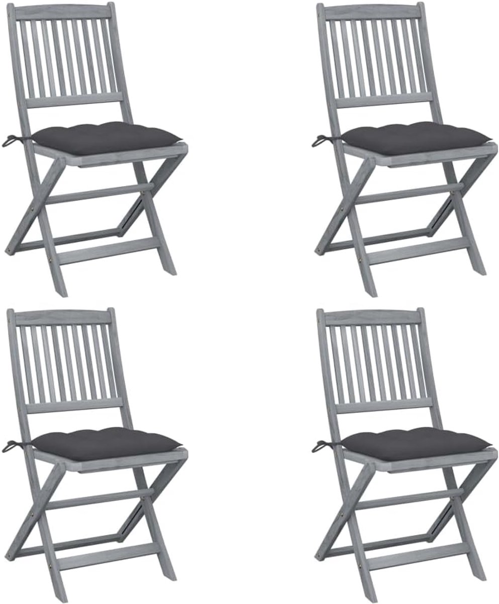 Acacia-tuinstoelen, 4 stuks, met kussens, grijze terrasstoelen van massief hout, belastbaar tot 110 kg per zitting, ideaal voor terras en terras