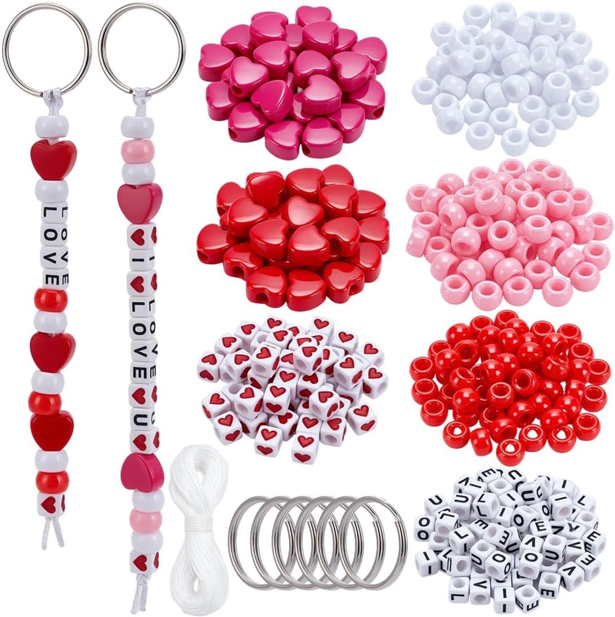 420 Stks Valentijn Kraal Sleutelhanger Maken Kits Acryl Brief Hartvorm Plastic Pony Kralen met Sleutelhangers 15M Nylon Koord voor DIY Tas Charm Armband Sieraden Rugzak Sleutelhanger