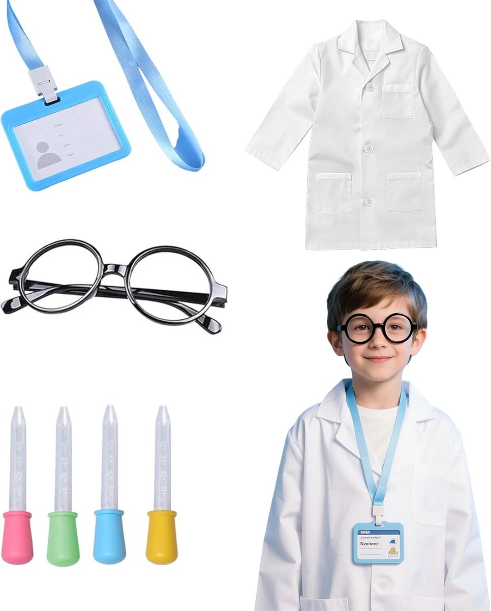 7 stuks kinderwetenschapperskostuum, dokterskist, laboratoriumjas met bril, werkkaart, druppelaar, dokterskostuum voor carnaval, Halloween, cosplay, party, geschenken