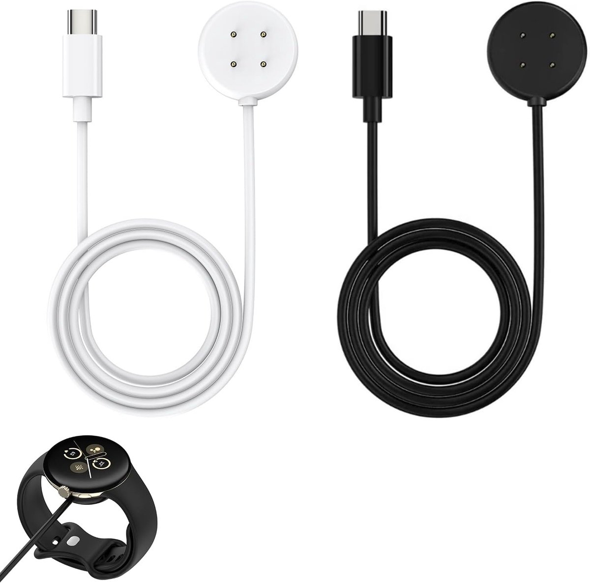 2 stuks oplaadkabel voor Google Pixel Watch 3/Pixel Watch 2/Fitbit Versa 4/Versa 3/Sense 2/Sense/Ace LTE, magnetische 4-polige snellaadkabel, USB-C-kabel, compatibel met smartwatch, 100 cm