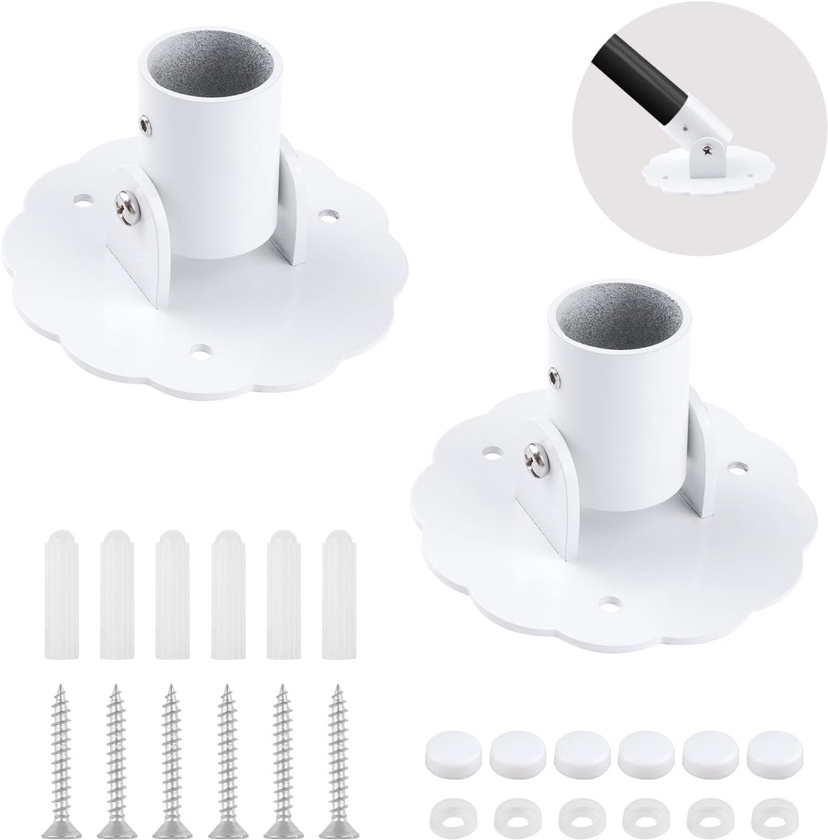 Douchegordijnstangbeugel, 2 stuks telescopische metalen douchegordijnstang, draaibare flens, wandmontagebeugel voor gordijnroede (Wit, 26 mm)