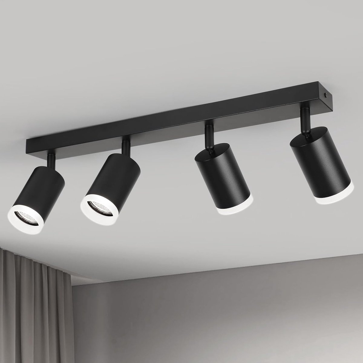 Plafondspot, draaibaar, 350 graden, 4 lichtpunten, zwart, GU10-spots, plafondlamp, niet-verblindende spot, binnenlamp, plafond, woonkamer, keuken, plafondspot, wandspot