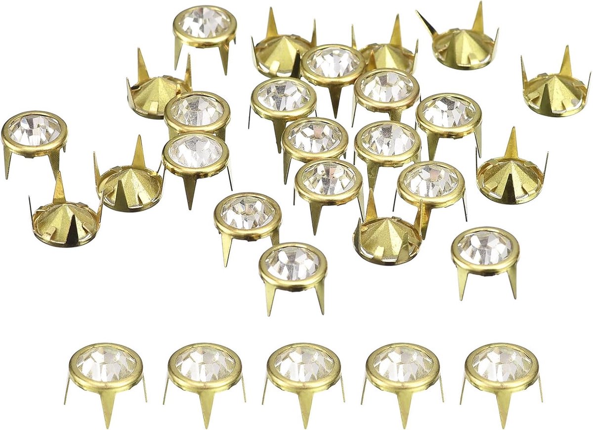 100 stuks strass-klinknagel-navullingen, 10 mm, strass-klauwkralen, klinknagels, metalen punten voor doe-het-zelf lederhandwerk, maken van portemonnee, kleding, gouden frame + witte stenen