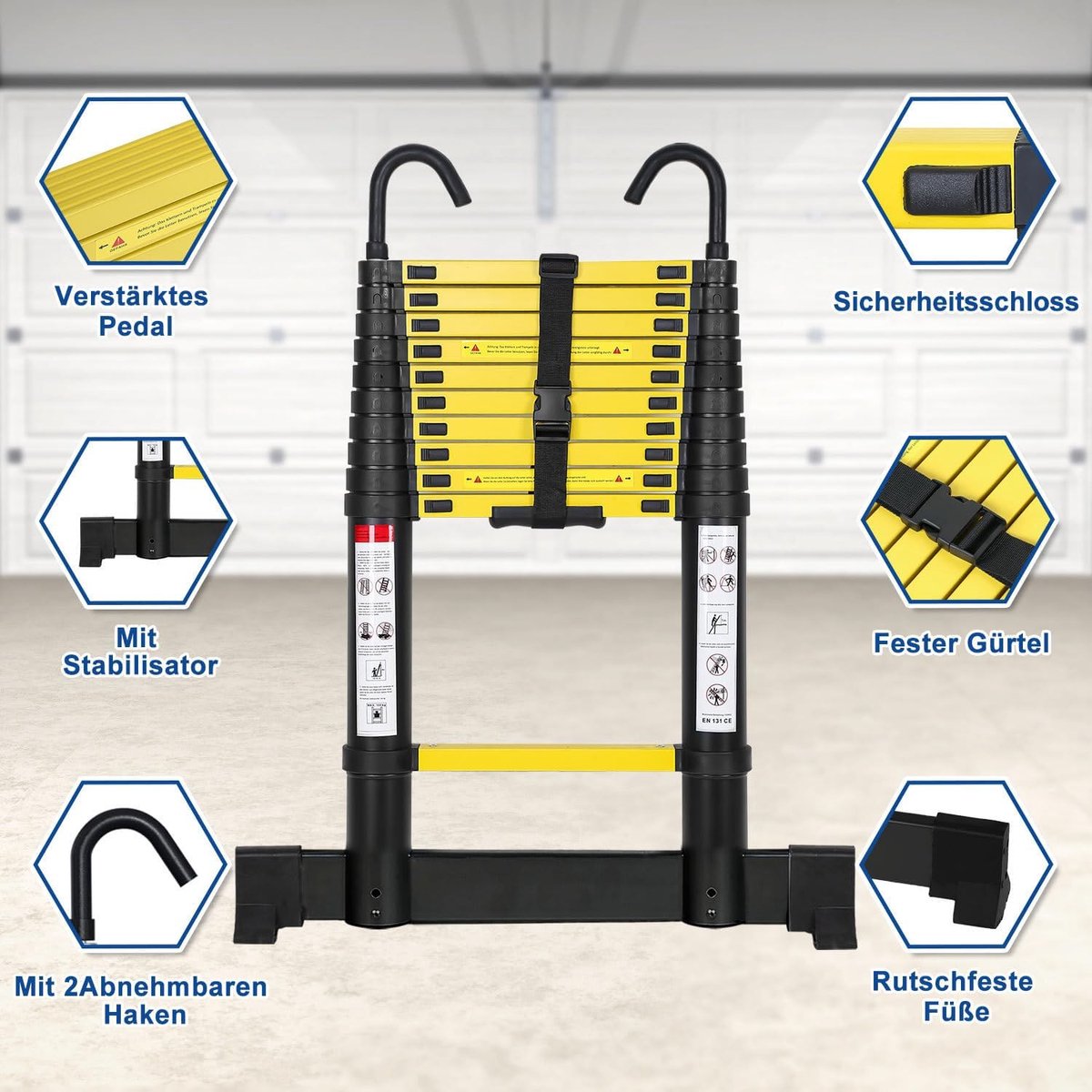 Telescopische Ladder - Uitschuifbare Ladder - Klusjes Binnen En Buiten - Stabilisator En Haak - 3.8 Meter - Zwart Geel