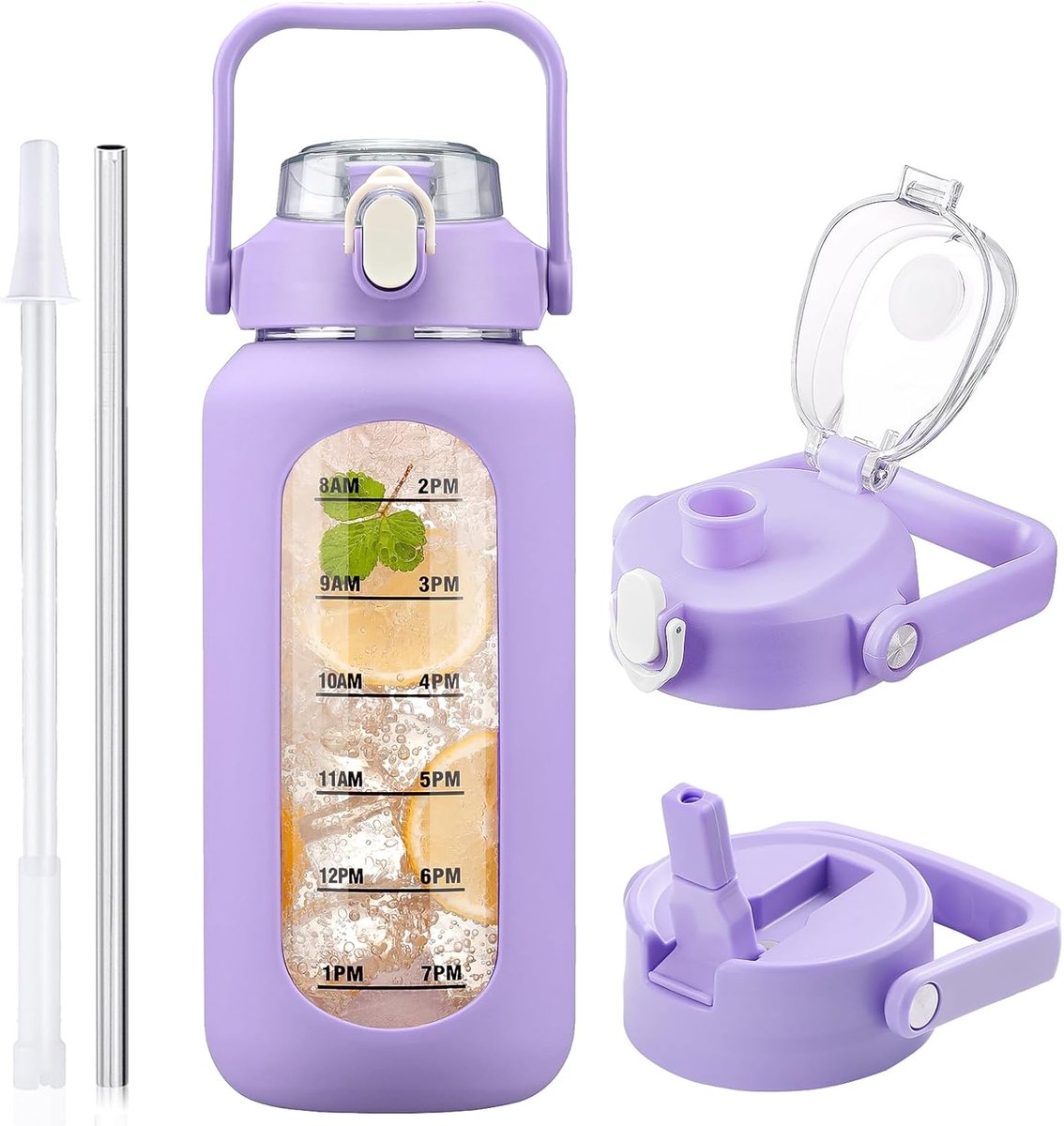 2L glazen waterfles met 2 deksels, klap- en chug-deksels, 2 liter grote waterfles met tijdmarkering en siliconen hoes BPA-vrij lekvrij voor sportsportschool, paars