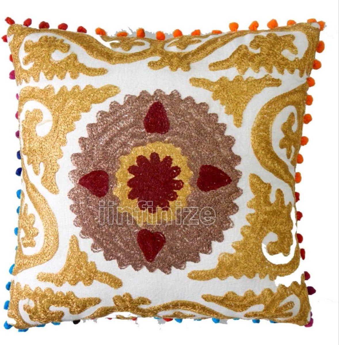 Kussensloop 16x16 Inch - Etnische handgemaakt - Gouden borduurwerk - Ideaal voor woonkamer decoratie - SnelShoppen
