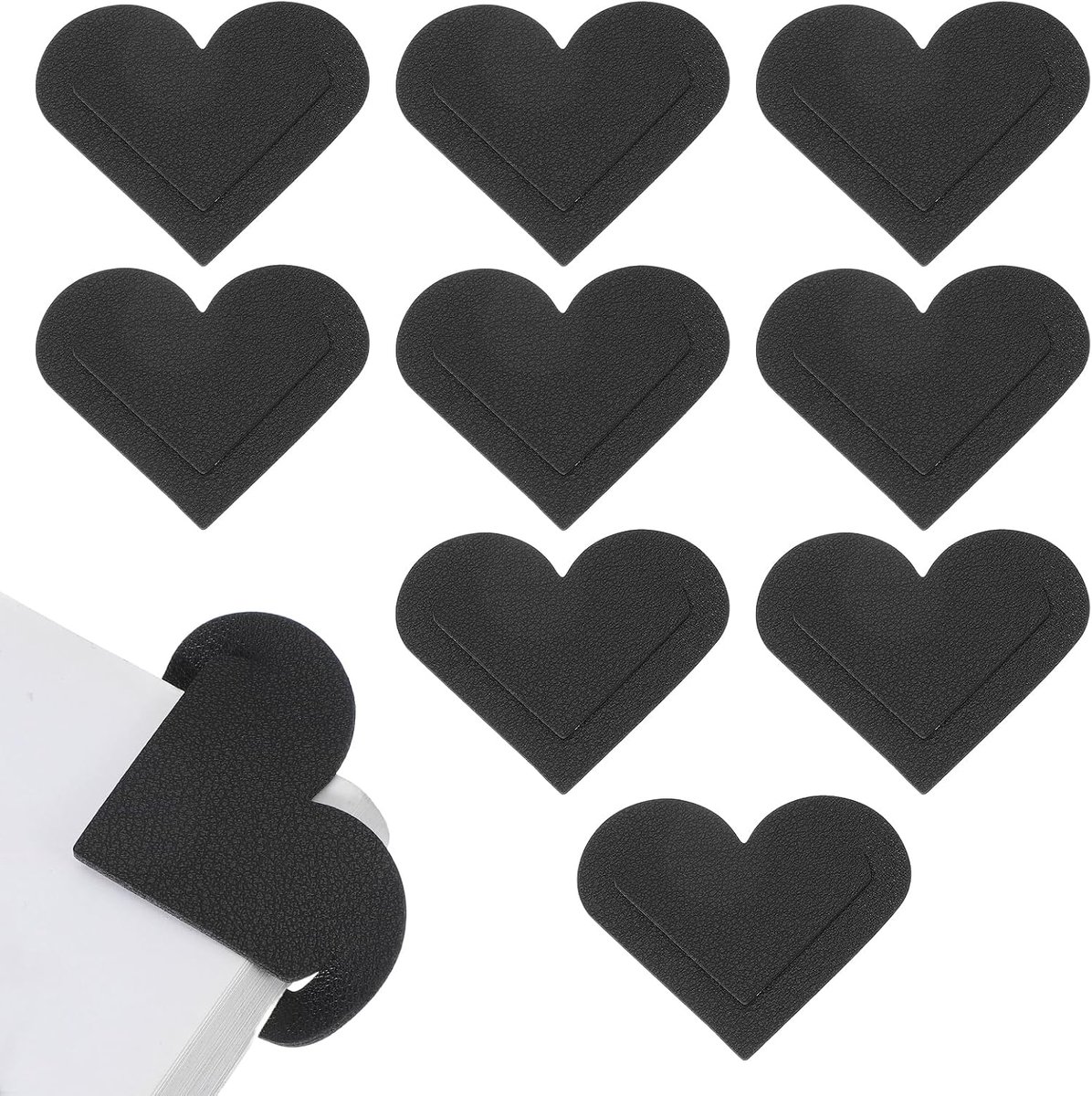 Lederen hart bladwijzers, 10 stuks leuke hoekpagina boekenleggers bladwijzer clips boek accessoires voor lezen liefhebbers vrouwen mannen leraar geschenken, zwart