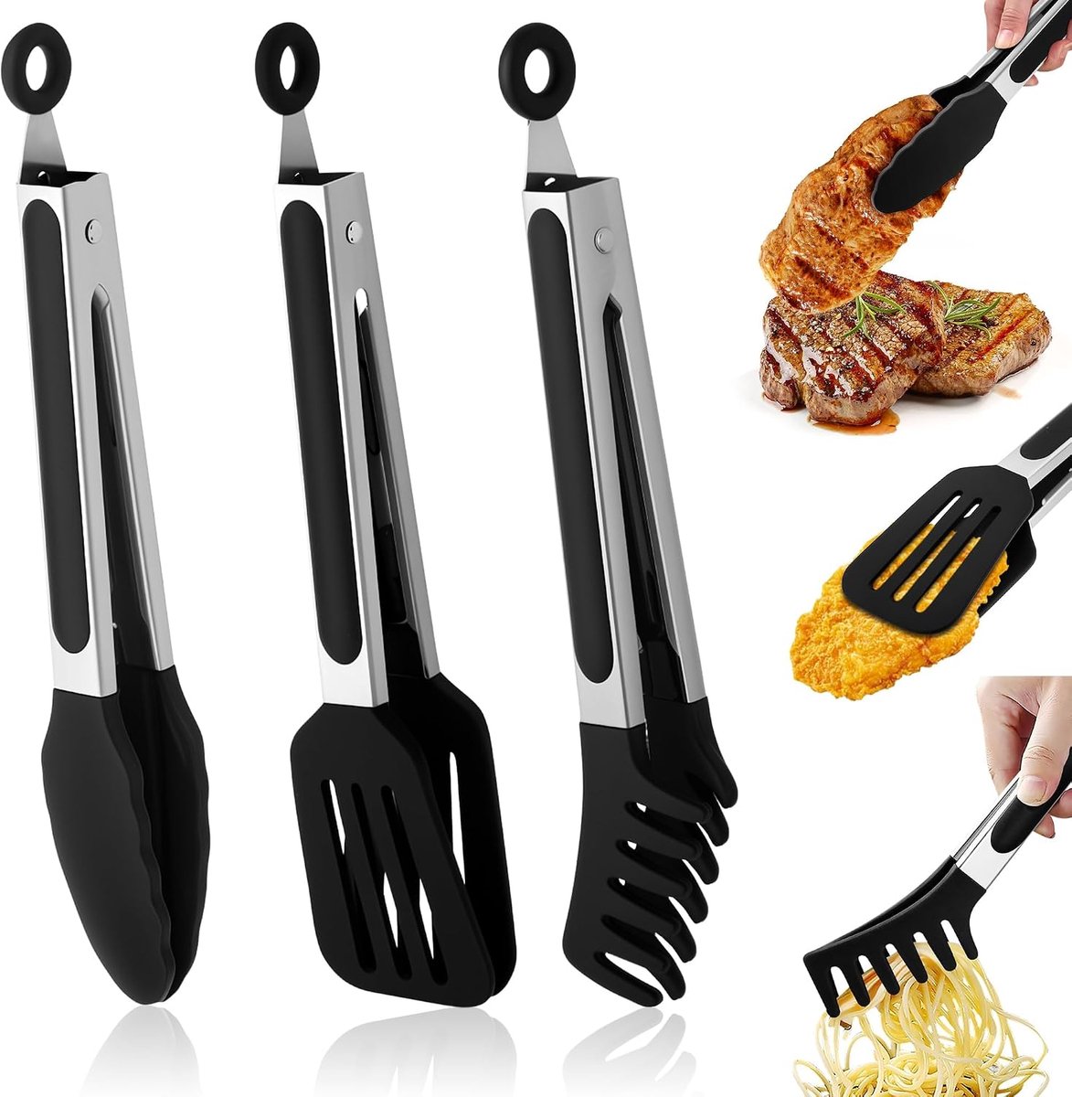 Keukentangen - 3-delige set | 27 cm RVS tangen met siliconen uiteinden | Hittebestendig tot 230°C | BBQ-tangen, 3 ophanghaken | voor grillen, pasta & salades | Keukentang (zwart)
