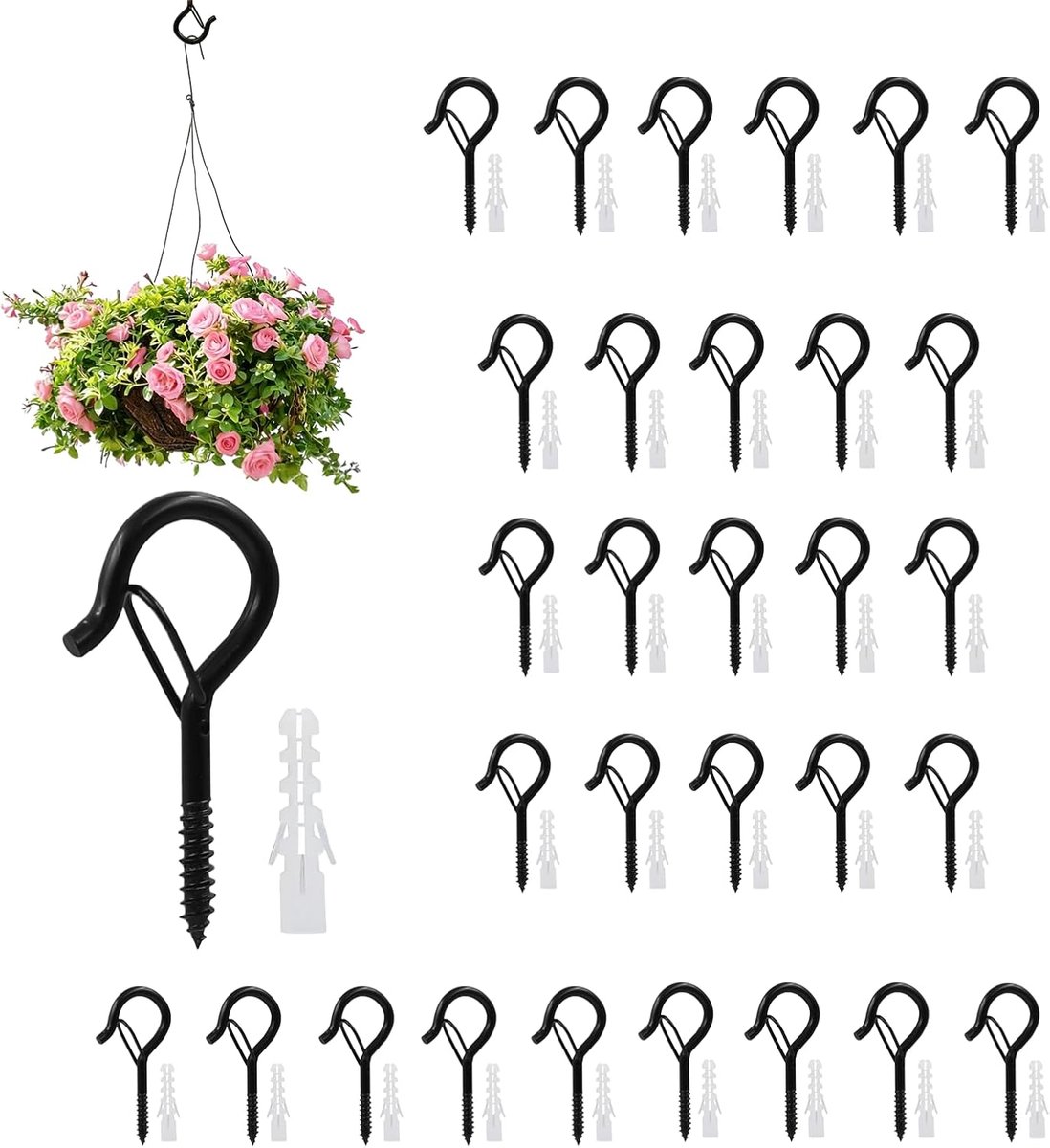 30 Pieces Black Stainless Steel Screw Hooks, Small Screw Hooks, Screw Hook with Fuse, for Plant Baskets, Bird Houses, Wind Games, Light Chains, Indoor and Outdoor