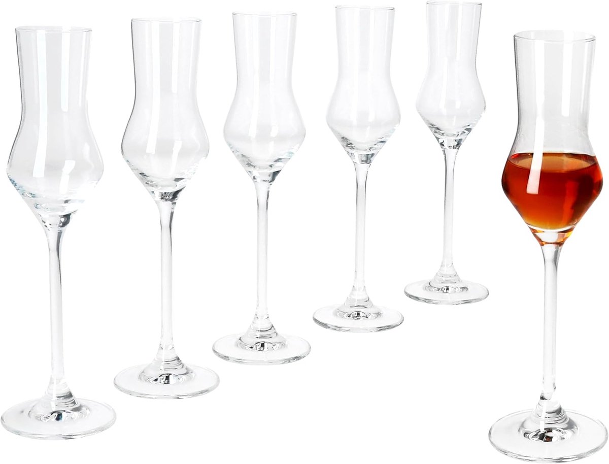 Specials Spirits Grappa-glazen, set van 6 stuks, 30 ml, hoogte 20,5 cm, voor 6 personen, helder borrelglas met voet, transparante likeurglazen, sherryglas met steel, shotglas voor thuis