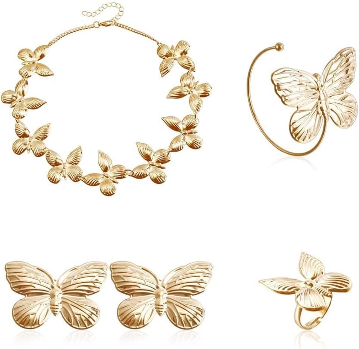 Sieradenset voor dames, extra grote vlindersieradenset met ketting, armband, ringen en oorbellen, geschenken voor vrouwen, verstelbare sieraden, Roestvrij staal