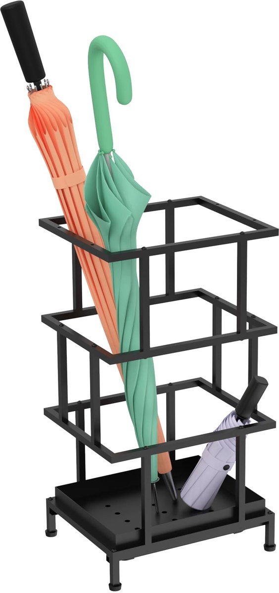 Metalen Paraplubak met Lekbak - Verstelbare Parapluhouder met Afneembare Druipbak - Vrijstaande Paraplu Organizer voor Grote en Opvouwbare Paraplu's - Ruimtebesparend Design voor Hal, Entree en Kantoor - 26,5 x 21,5 x 47,5 cm - Zwart