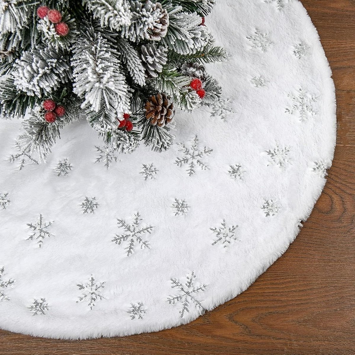 Kerstboomdeken 90 cm - Pluche met zilveren sneeuwvlokken - Elegante kerstboomrok - Perfecte decoratie voor je kerstboom - ShopVlot