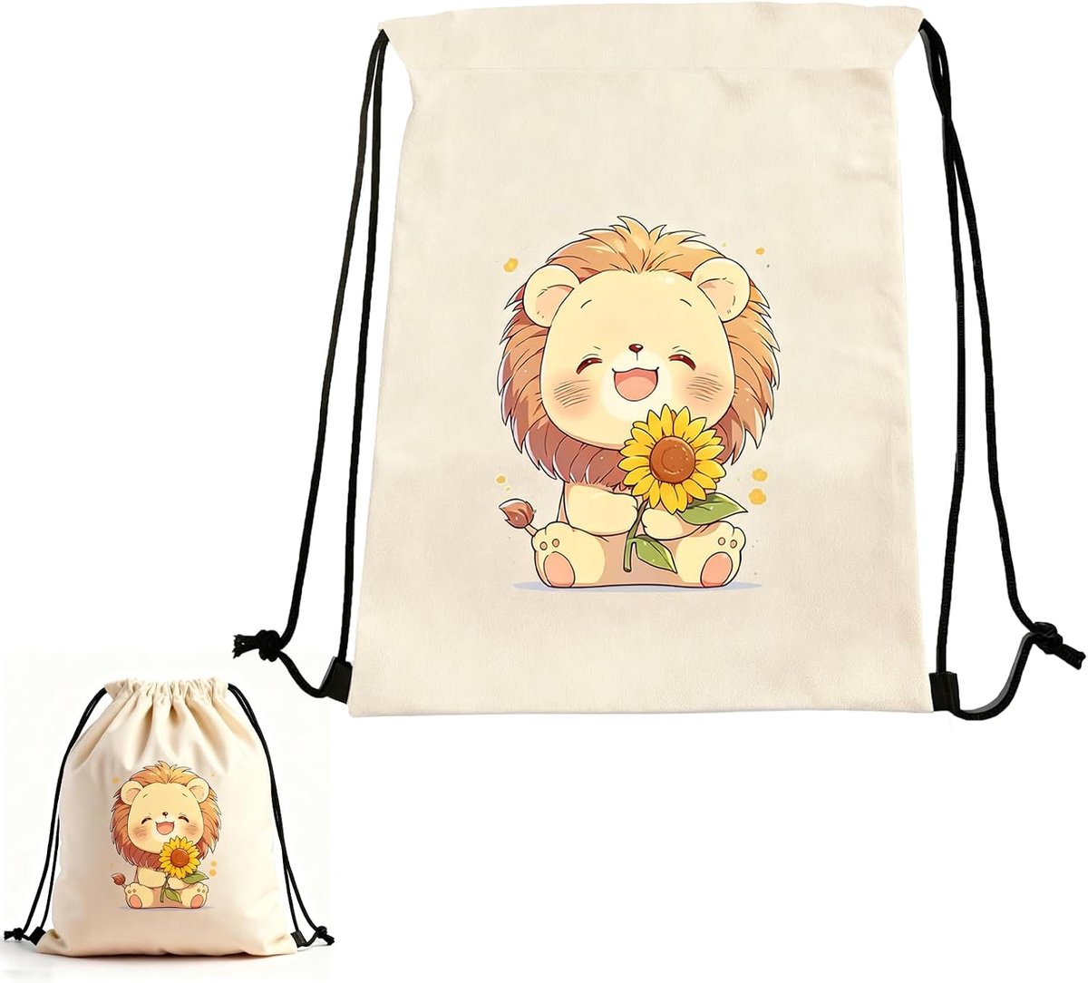 Kleuterschooltas 30 x 43 cm - linnen met zonnebloemleeuw - trekkoord - ideaal voor dagelijks gebruik - ShopVlot