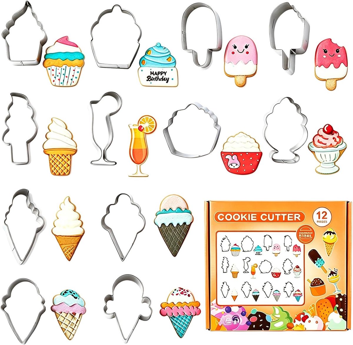 Koekjesvormen set 12 stuks - roestvrij staal - leuke ijsjes en traktaties - perfect voor zomerse feesten - ShopVlot