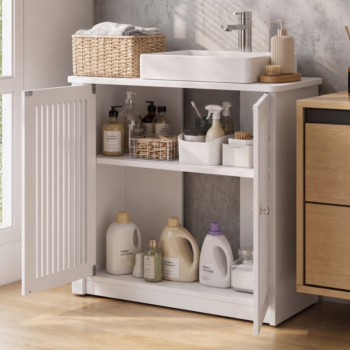 Badkamerkast - Staande Onderkast Met Dubbele Deuren En Lamellenfront - Verstelbare Plank Voor Badkamer En Wasruimte - Wit - 60x30x60 Cm