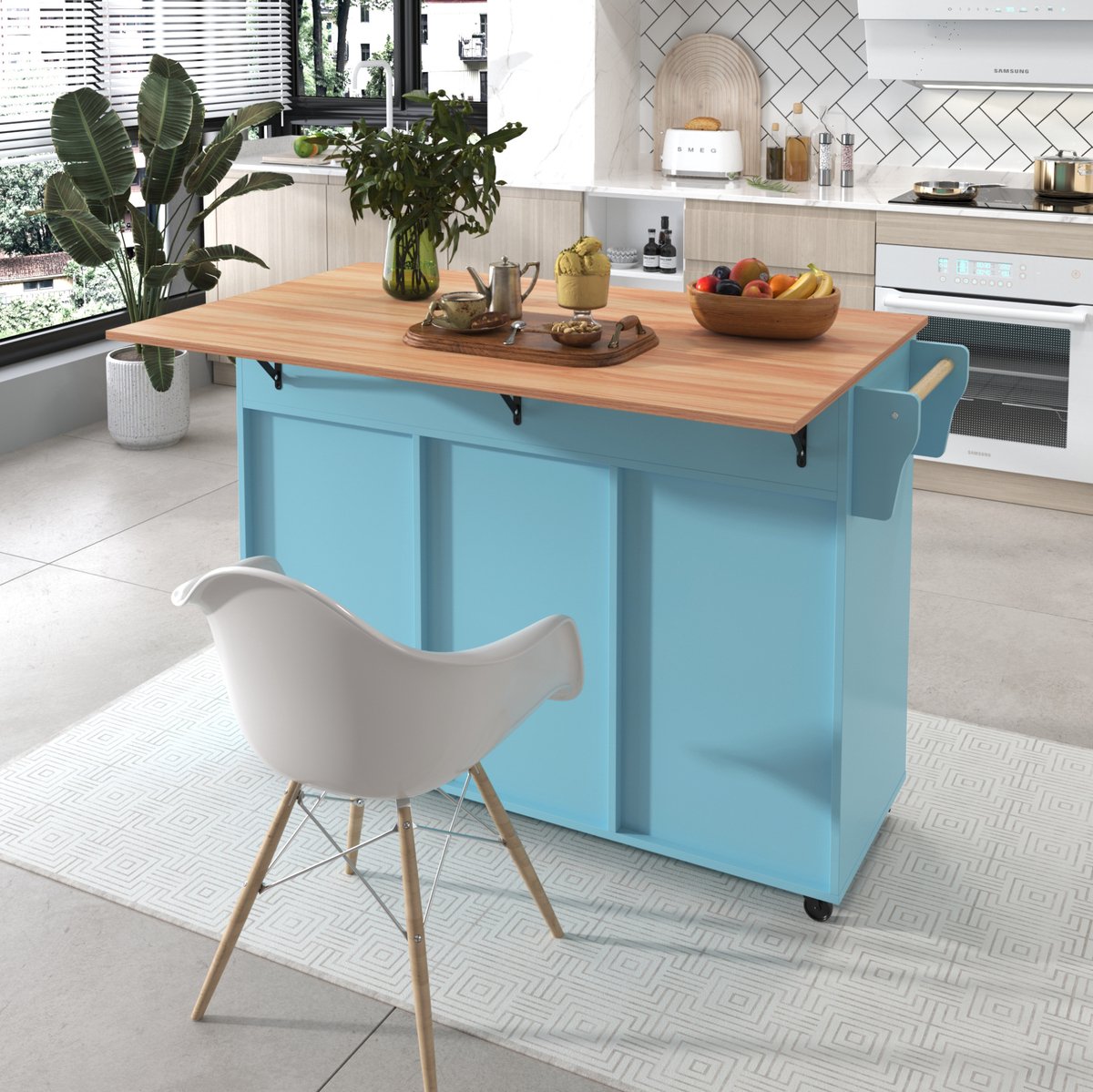 Keukenkast Met Uitklapbaar Werkblad, Lades En Opbergruimte, Keuken Eiland Op Wielen Of Met Poten, MDF, Blauw, 129x71x91,5 Cm