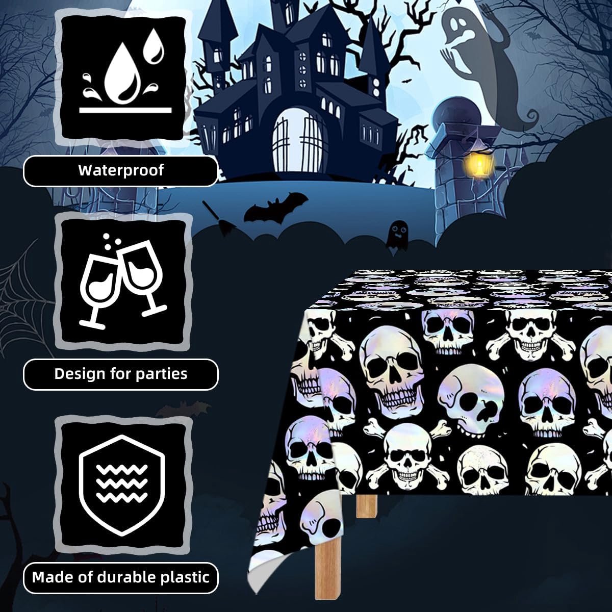 Tafelkleden Halloween 3-pack - holografisch doodskop - waterdicht zwart - sfeervolle decoratie voor feesten - ShopVlot