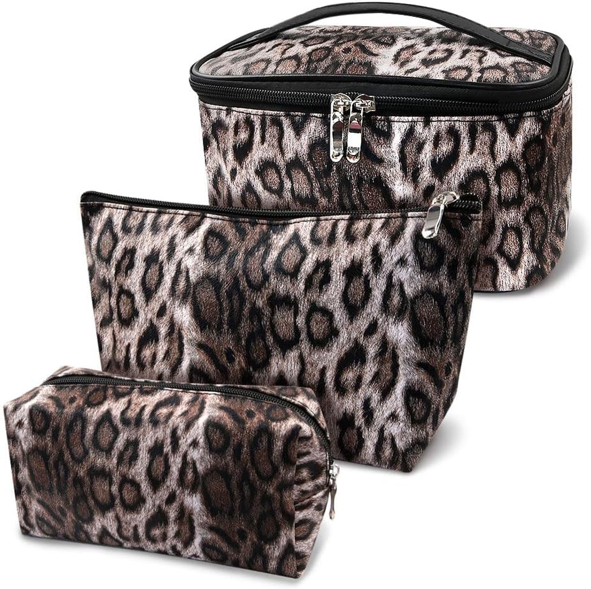 Make-uptas 3-delige set - Luipaardprint PU-leer - Organizer met ritssluiting - Ideaal voor cosmetica en huidverzorging - ShopVlot