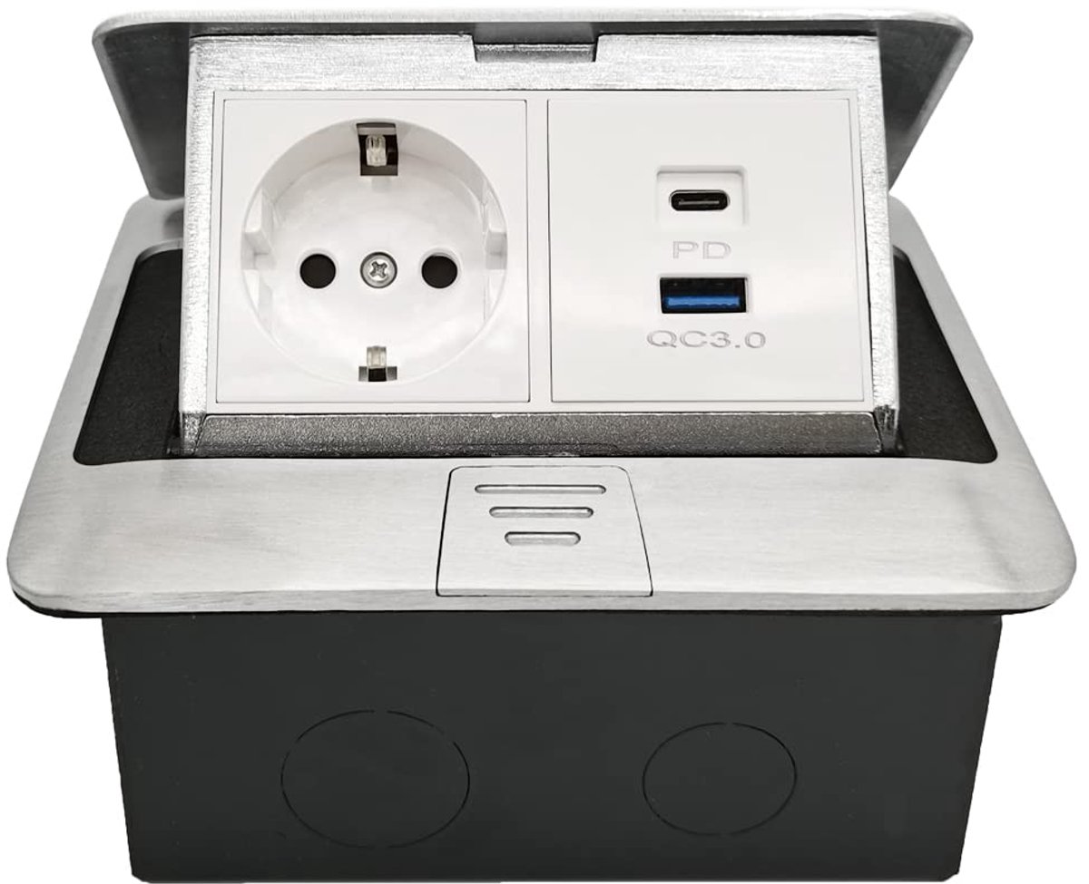 Vloerstopcontact met 2 stopcontacten en 2 USB-poorten - USB-A+USB-C - IP20 bescherming - Snelladen tot 20W - ShopVlot